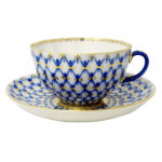 Lomonosov Imperial Porcelain Teacup And Saucer Tulip Cobalt Net 250 Ml