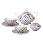 Lomonosov Imperial Bone China Porcelain Tea Set Service Cobalt Net Dome 14 Items