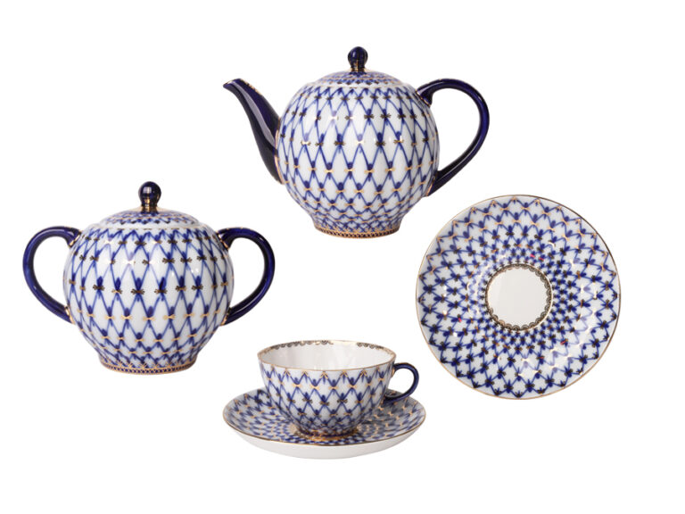 Lomonosov Imperial Porcelain Tea Set Service Tulip Cobalt Net 14 Items