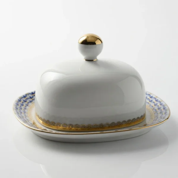 Lomonosov Imperial Porcelain Butter Holder Dish Cobalt Net