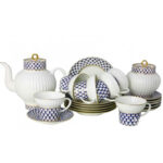 Lomonosov Imperial Bone China Porcelain Tea Set Service Cobalt Net Wave 20 Items