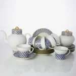 Lomonosov Imperial Bone China Porcelain Tea Set Service Cobalt Net Wave 20 Items