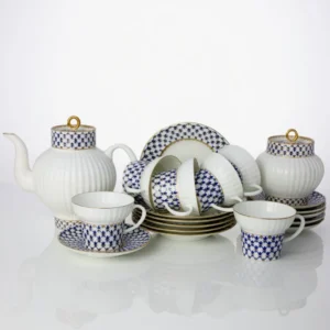 Lomonosov Imperial Bone China Porcelain Tea Set Service Cobalt Net Wave 20 Items