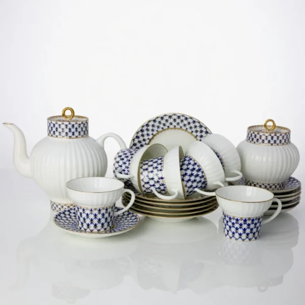Lomonosov Imperial Bone China Porcelain Tea Set Service Cobalt Net Wave 20 Items
