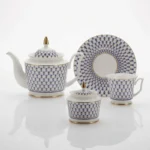 Lomonosov Imperial Bone China Porcelain Tea Set Service Cobalt Net Yulia 14 Items