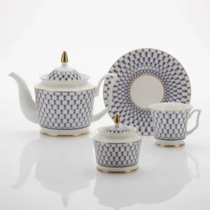 Lomonosov Imperial Bone China Porcelain Tea Set Service Cobalt Net Yulia 14 Items