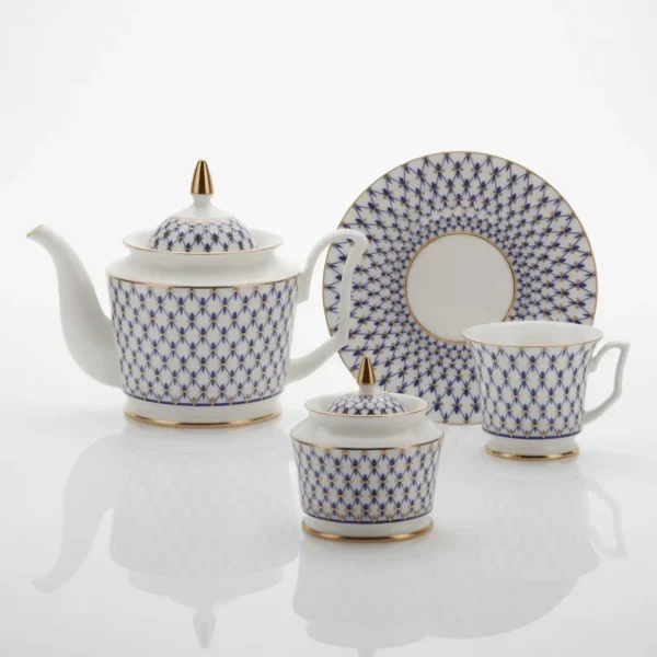 Lomonosov Imperial Bone China Porcelain Tea Set Service Cobalt Net Yulia 14 Items