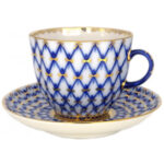 Lomonosov Imperial Porcelain Espresso Coffee Cup And Saucer Cobalt Net Tulip 140 Ml