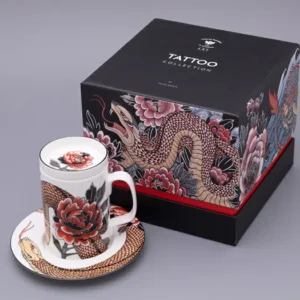 Lomonosov Porcelain Mug with saucer and lid in gift box TATTOO SERPENTA 390ml