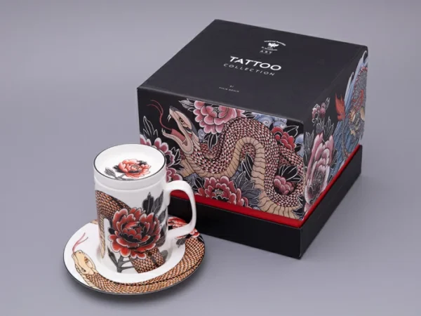 Lomonosov Porcelain Mug with saucer and lid in gift box TATTOO SERPENTA 390ml