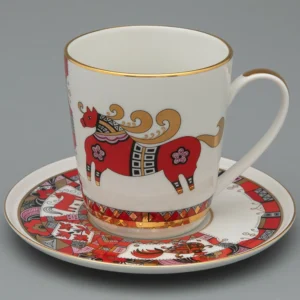 Tea cup and saucer 300 ml, Bell shape, Red Horse design, art