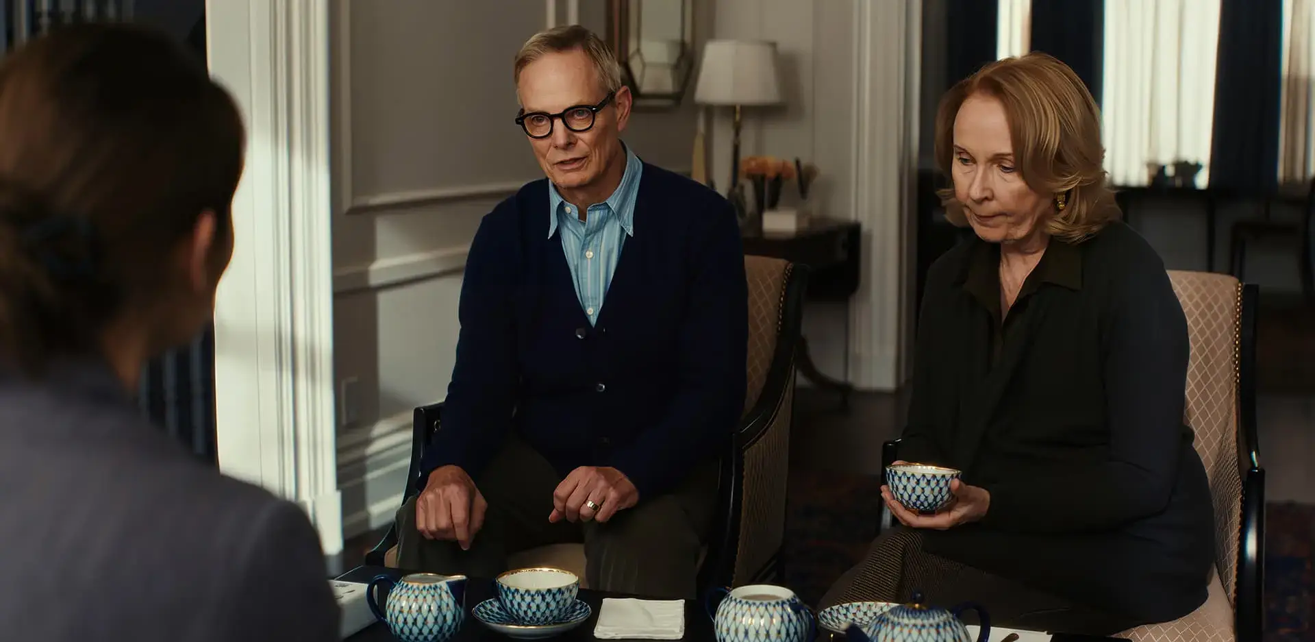 Claire Danes as famous author using Imperial Porcelain Cobalt Net tea set in dramatic thriller scene