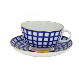 LOMONOSOV IMPERIAL PORCELAIN TEACUP AND SAUCER TULIP COBALT CELL 250 ML