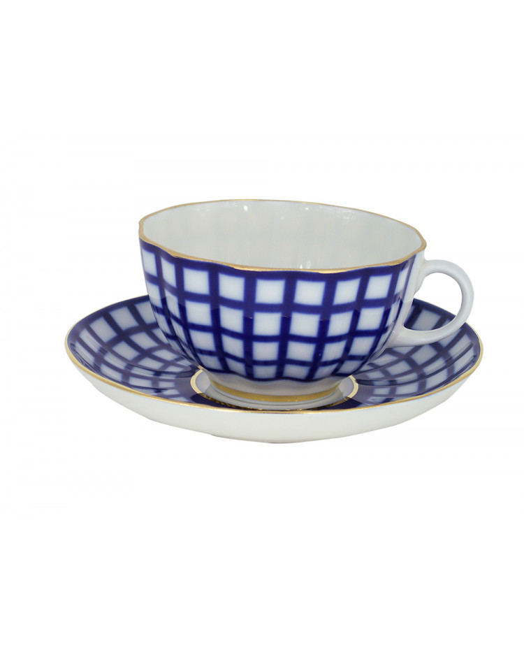 LOMONOSOV IMPERIAL PORCELAIN TEACUP AND SAUCER TULIP COBALT CELL 250 ML