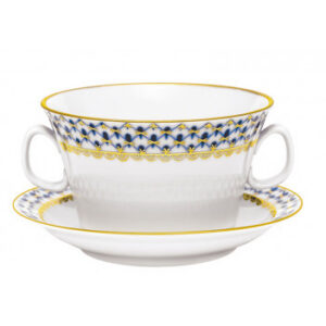 Lomonosov Imperial Porcelain Cobalt Net Soup Bowl with Saucer